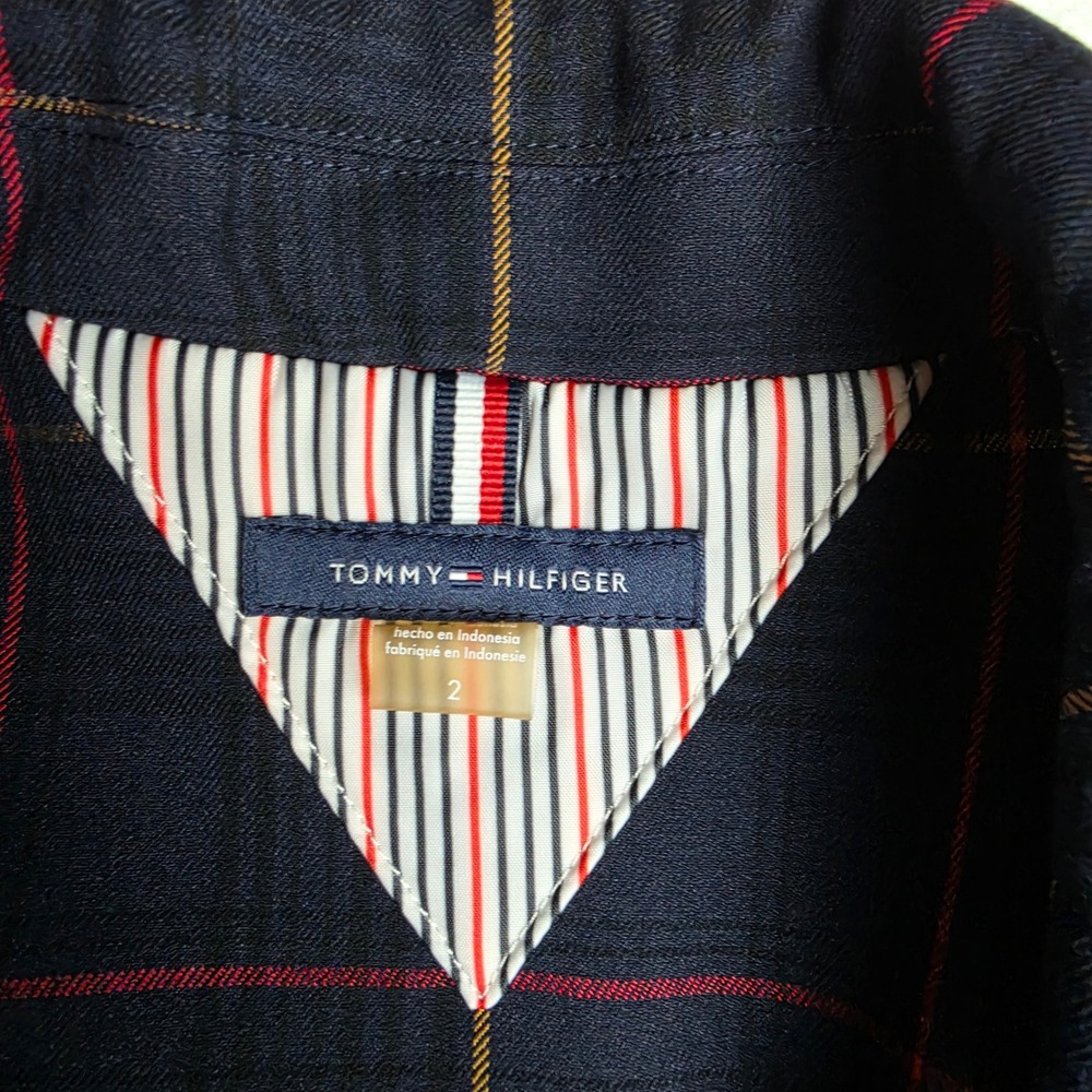Tommy Hilfiger Navy Blue Plaid Longline Blazer Elbow Patches Womens Size 2 - Picture 2 of 10